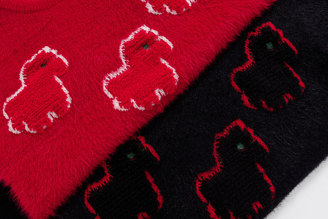 Fuzzy Knit Sweater Cartoon Pony Motif Jacquard