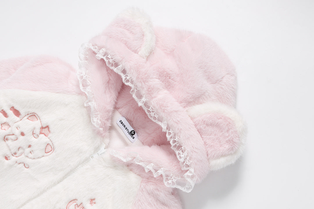 3D Cat Ear Fuzzy Zip Jacket Cartoon Cat Embroidery
