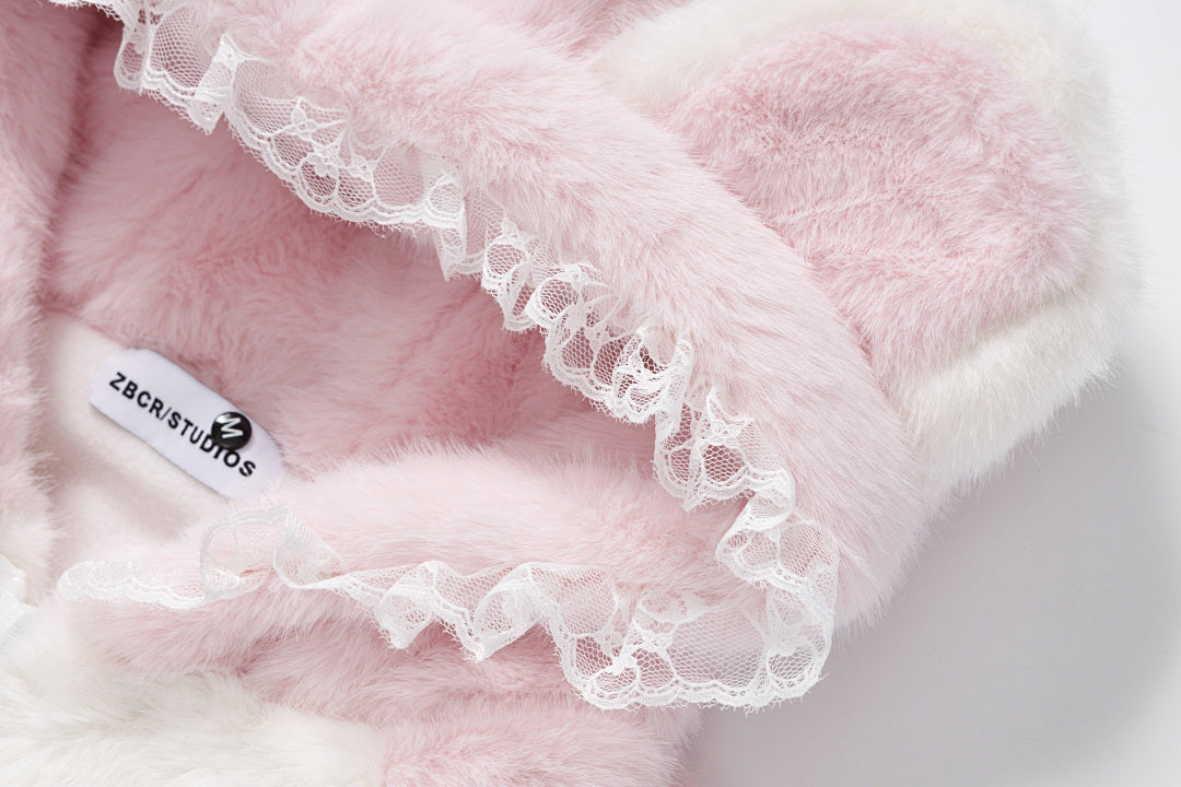 3D Cat Ear Fuzzy Zip Jacket Cartoon Cat Embroidery