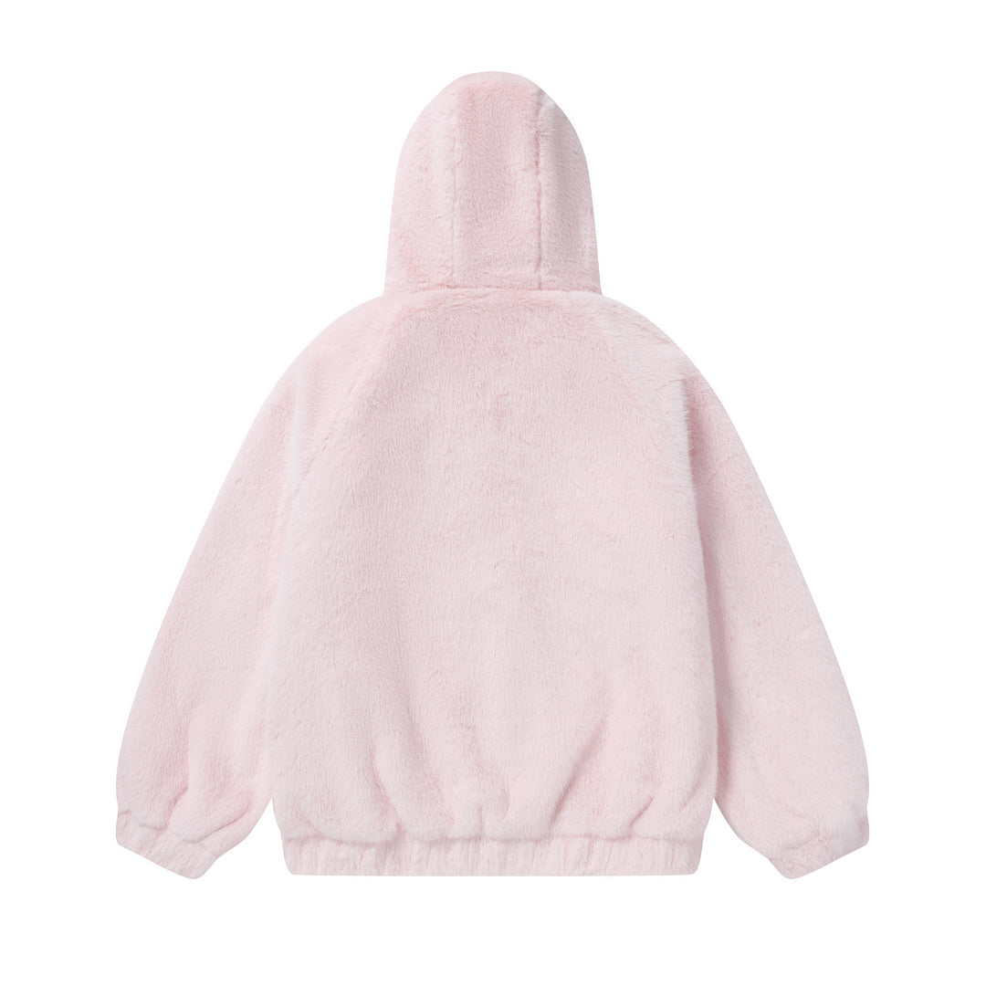 3D Cat Ear Fuzzy Zip Jacket Cartoon Cat Embroidery