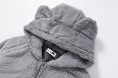 3D Cat Ear Plush Zip Jacket Cartoon Patch Pockets