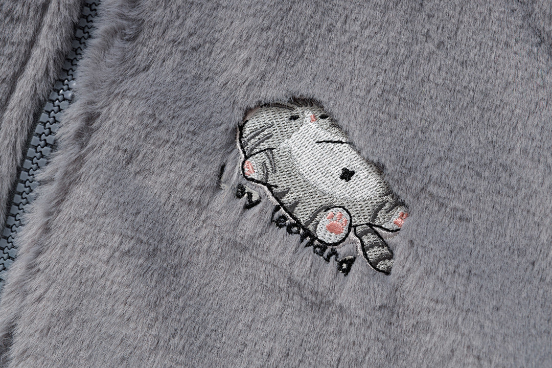 3D Cat Ear Plush Zip Jacket Cartoon Patch Pockets