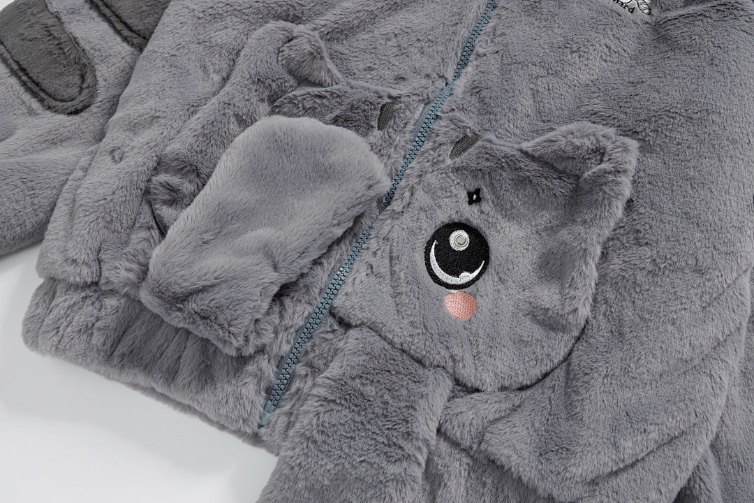 3D Cat Ear Plush Zip Jacket Cartoon Patch Pockets