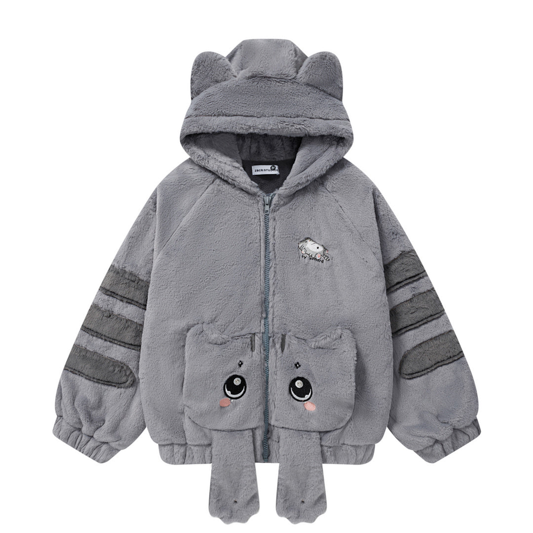 3D Cat Ear Plush Zip Jacket Cartoon Patch Pockets