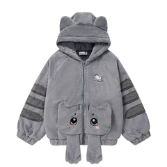 3D Cat Ear Plush Zip Jacket Cartoon Patch Pockets