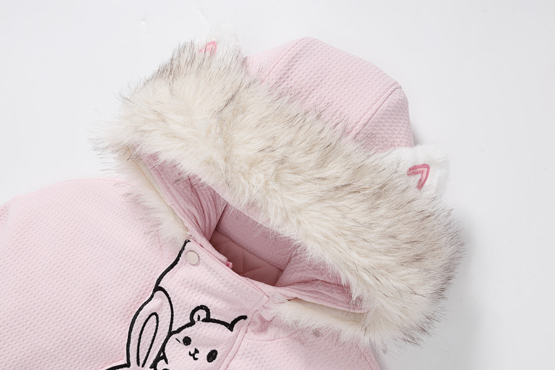 3D Cat Ear Hooded Coat Stacked Animal Embroidery Faux Fur Trim