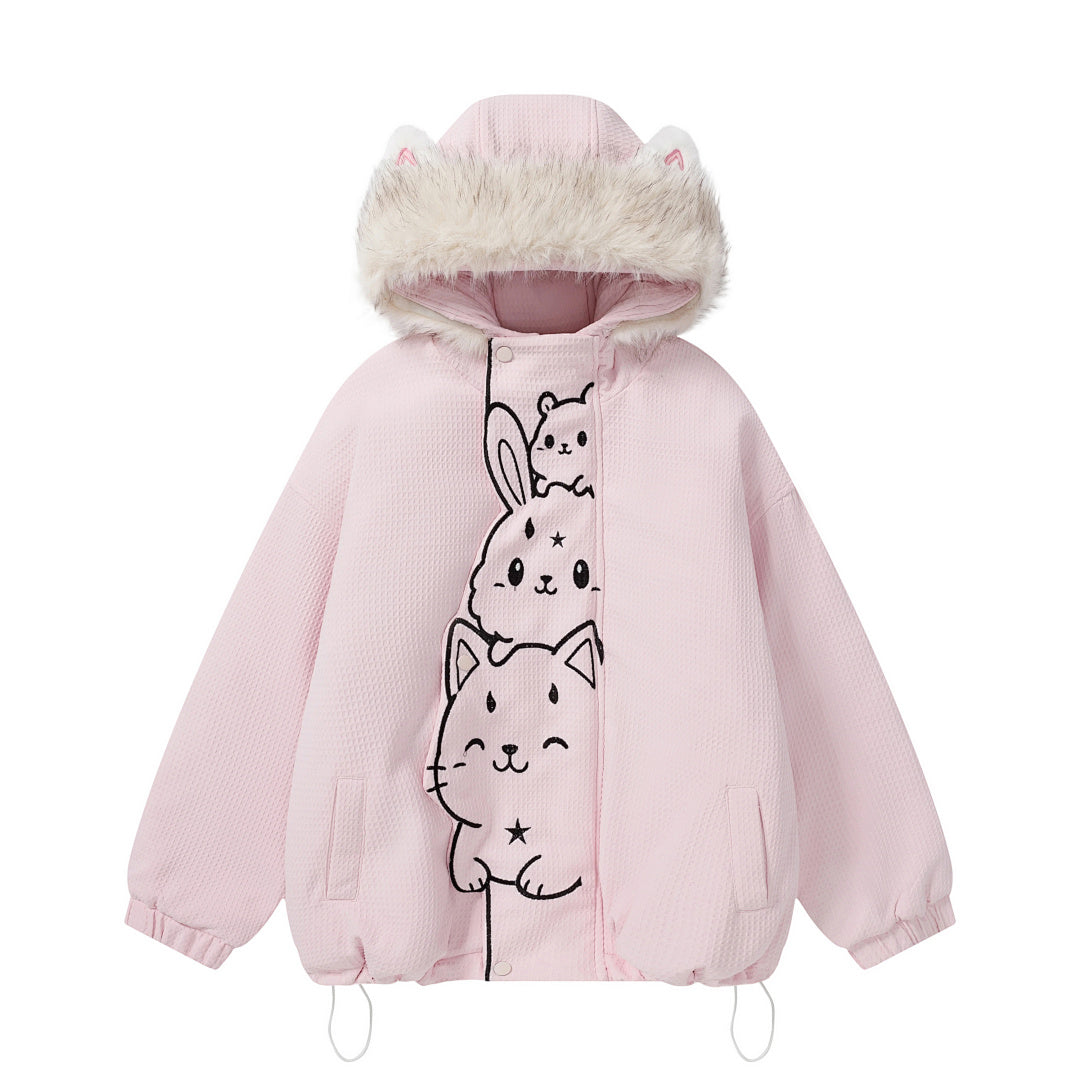 3D Cat Ear Hooded Coat Stacked Animal Embroidery Faux Fur Trim
