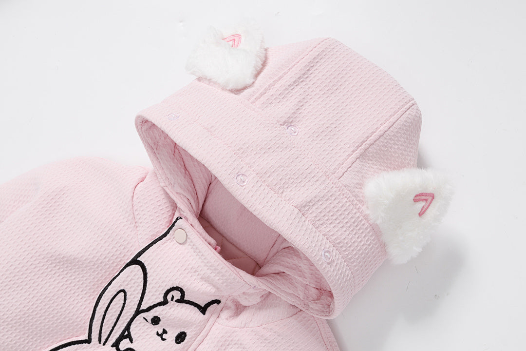 3D Cat Ear Hooded Coat Stacked Animal Embroidery Faux Fur Trim