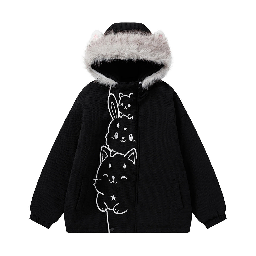 3D Cat Ear Hooded Coat Stacked Animal Embroidery Faux Fur Trim