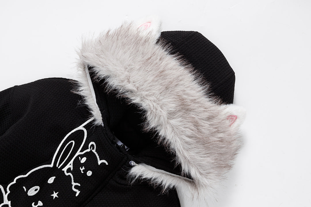 3D Cat Ear Hooded Coat Stacked Animal Embroidery Faux Fur Trim