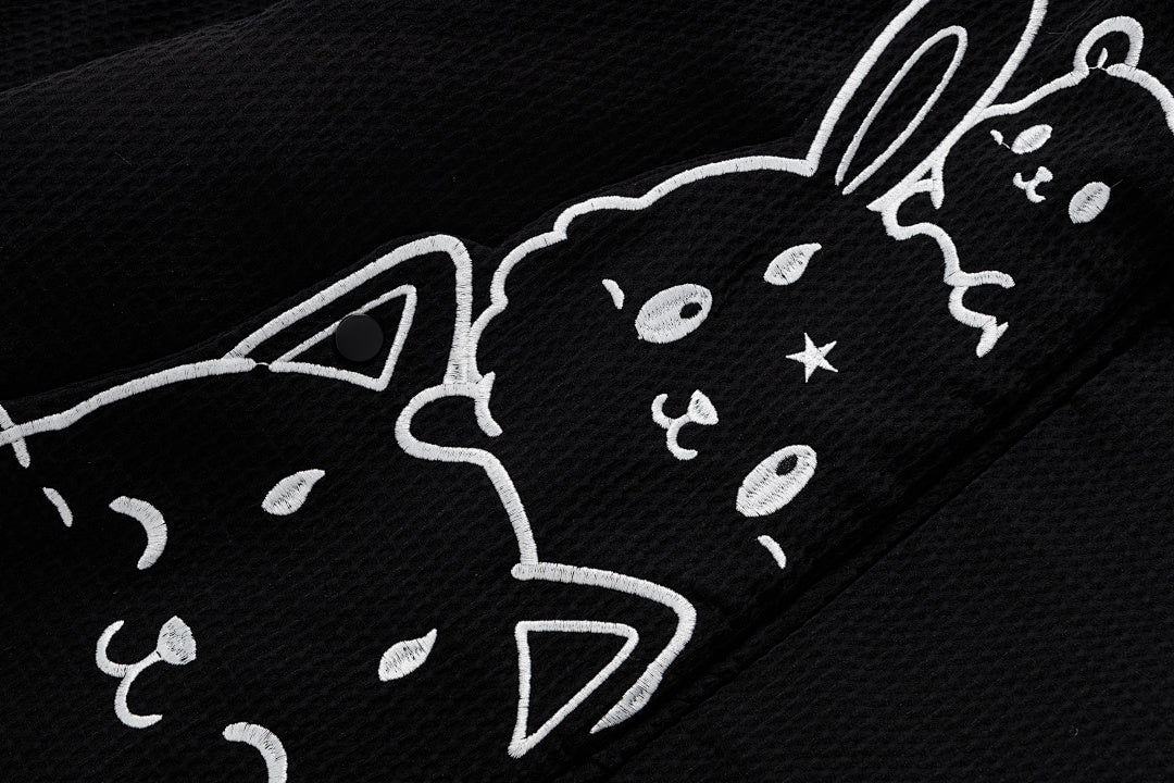 3D Cat Ear Hooded Coat Stacked Animal Embroidery Faux Fur Trim