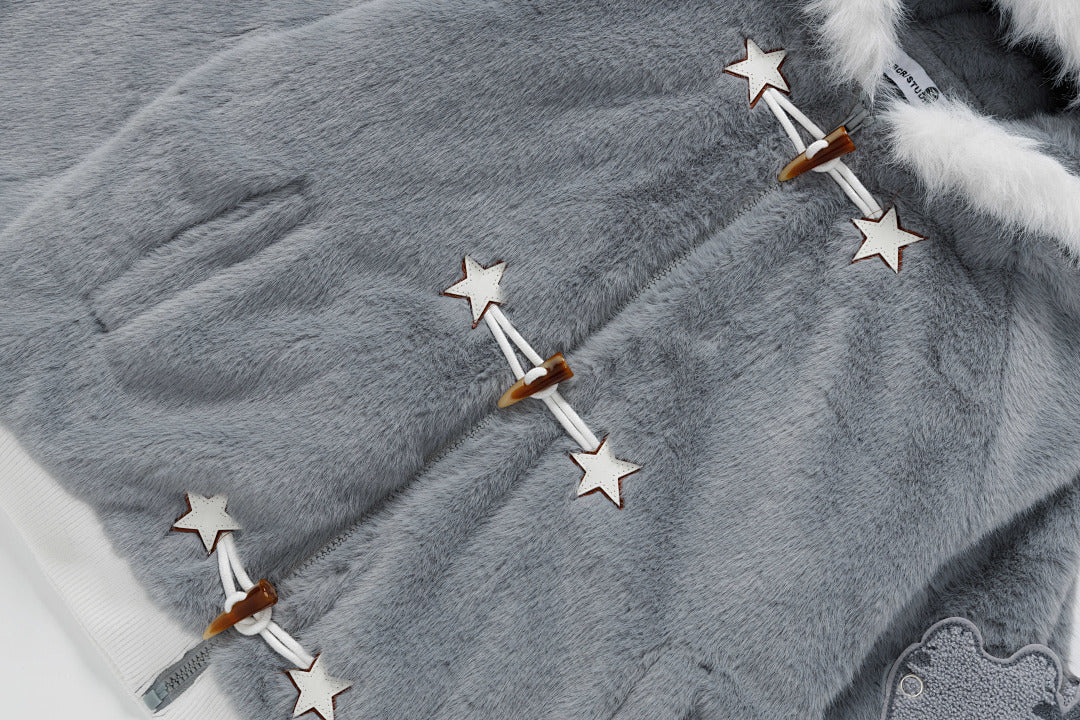 3D Cat Ear Plush Toggle Coat Star Accents Sleeve Patches