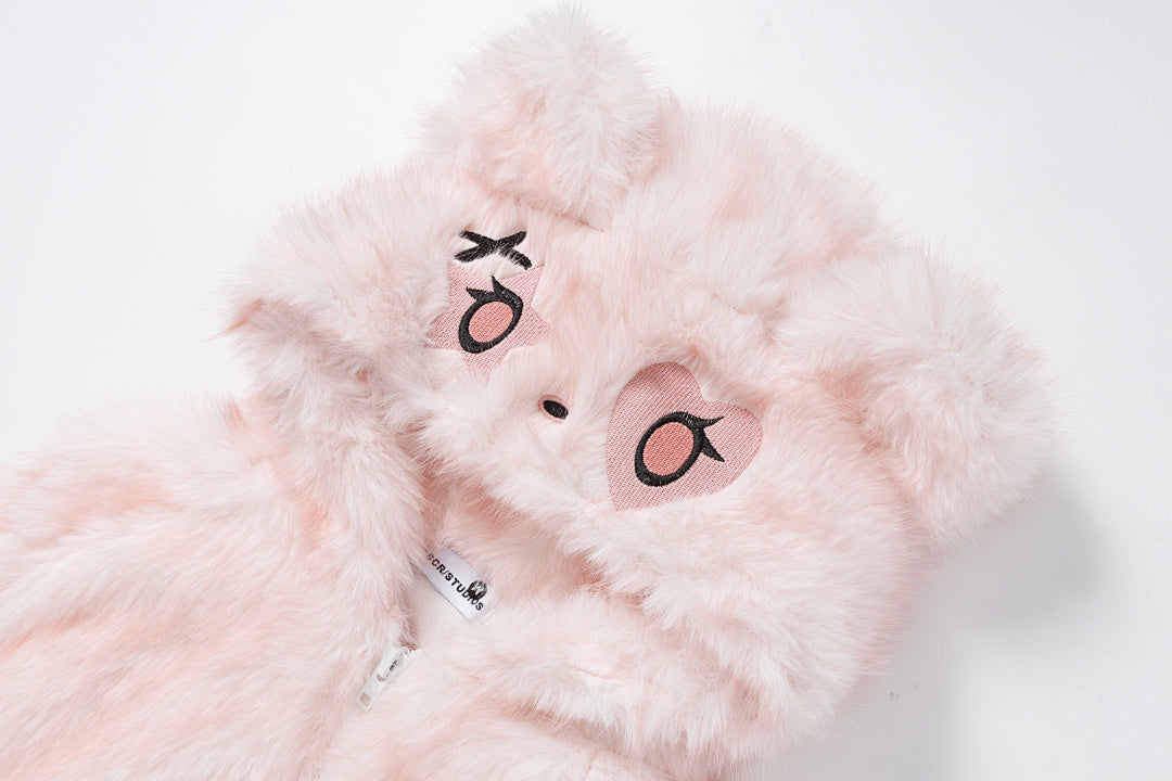 3D Cat Ear Faux Fur Zip Jacket Heart Eye Embroidery