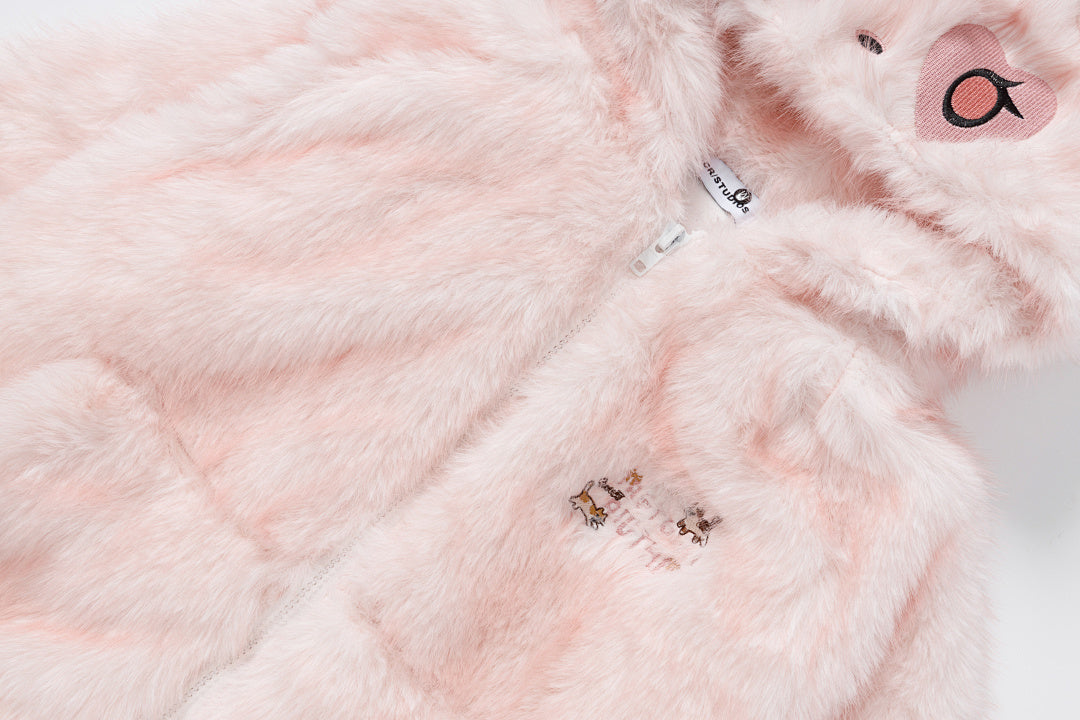 3D Cat Ear Faux Fur Zip Jacket Heart Eye Embroidery