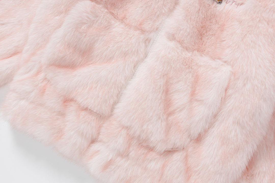 3D Cat Ear Faux Fur Zip Jacket Heart Eye Embroidery