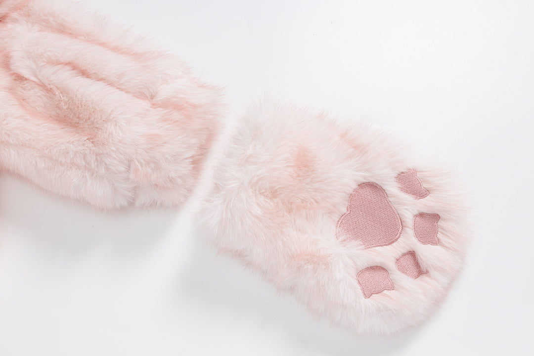 3D Cat Ear Faux Fur Zip Jacket Heart Eye Embroidery