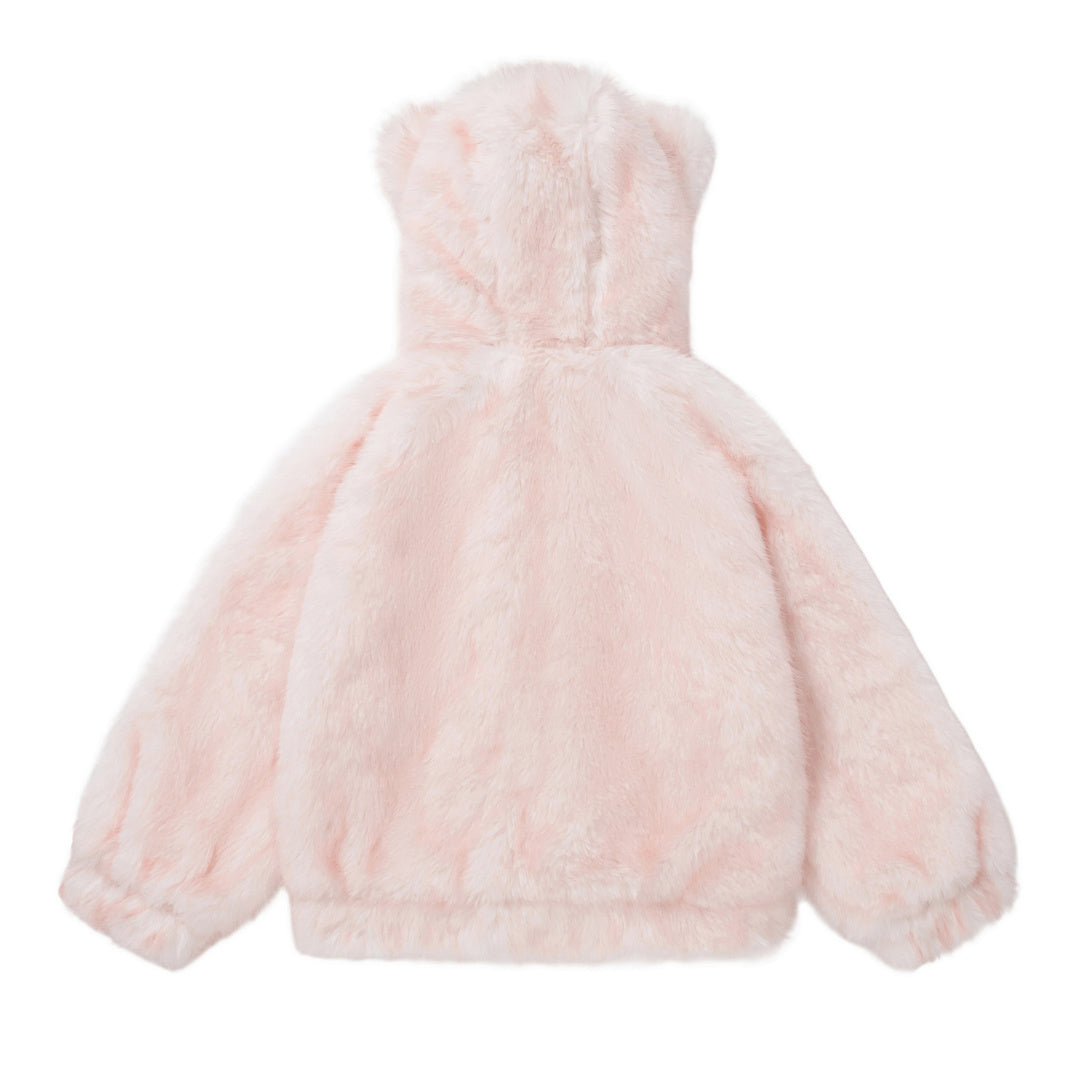 3D Cat Ear Faux Fur Zip Jacket Heart Eye Embroidery