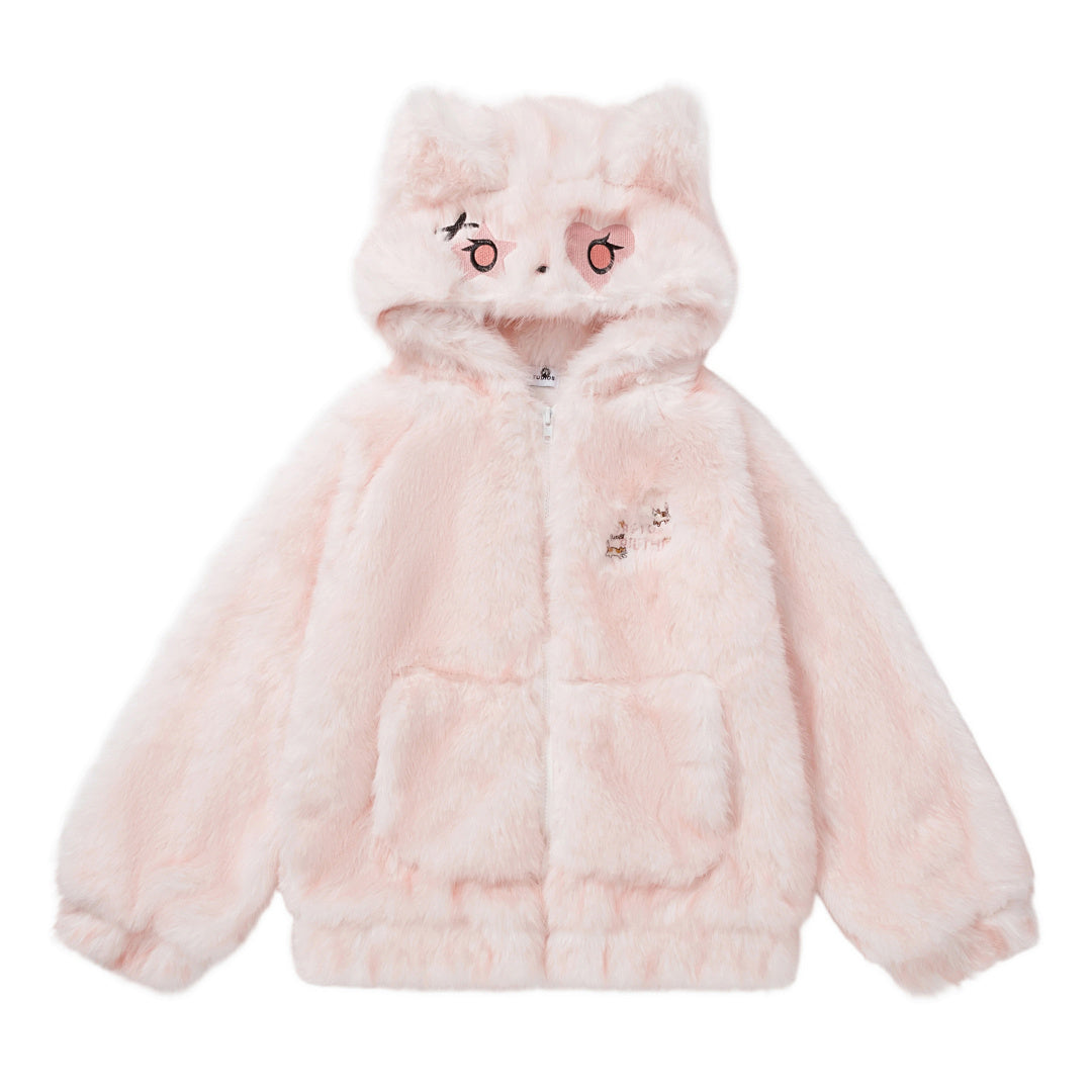 3D Cat Ear Faux Fur Zip Jacket Heart Eye Embroidery