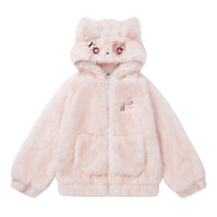3D Cat Ear Faux Fur Zip Jacket Heart Eye Embroidery