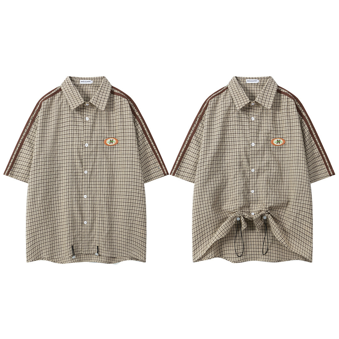 Gingham Patch Drawstring Hem Short Sleeve Shirt