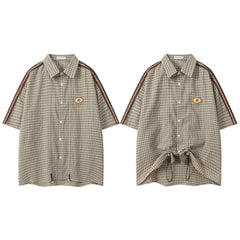 Gingham Patch Drawstring Hem Short Sleeve Shirt