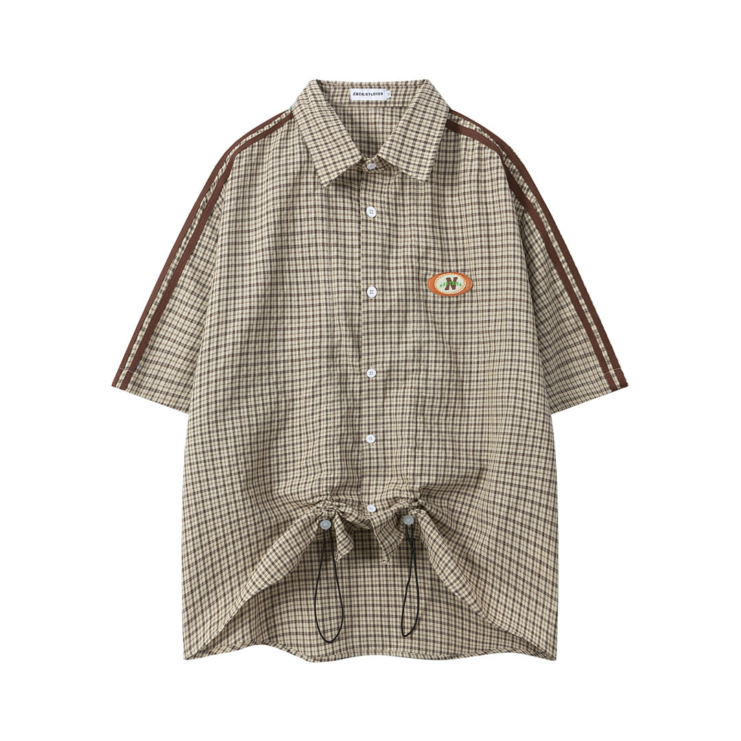 Gingham Patch Drawstring Hem Short Sleeve Shirt