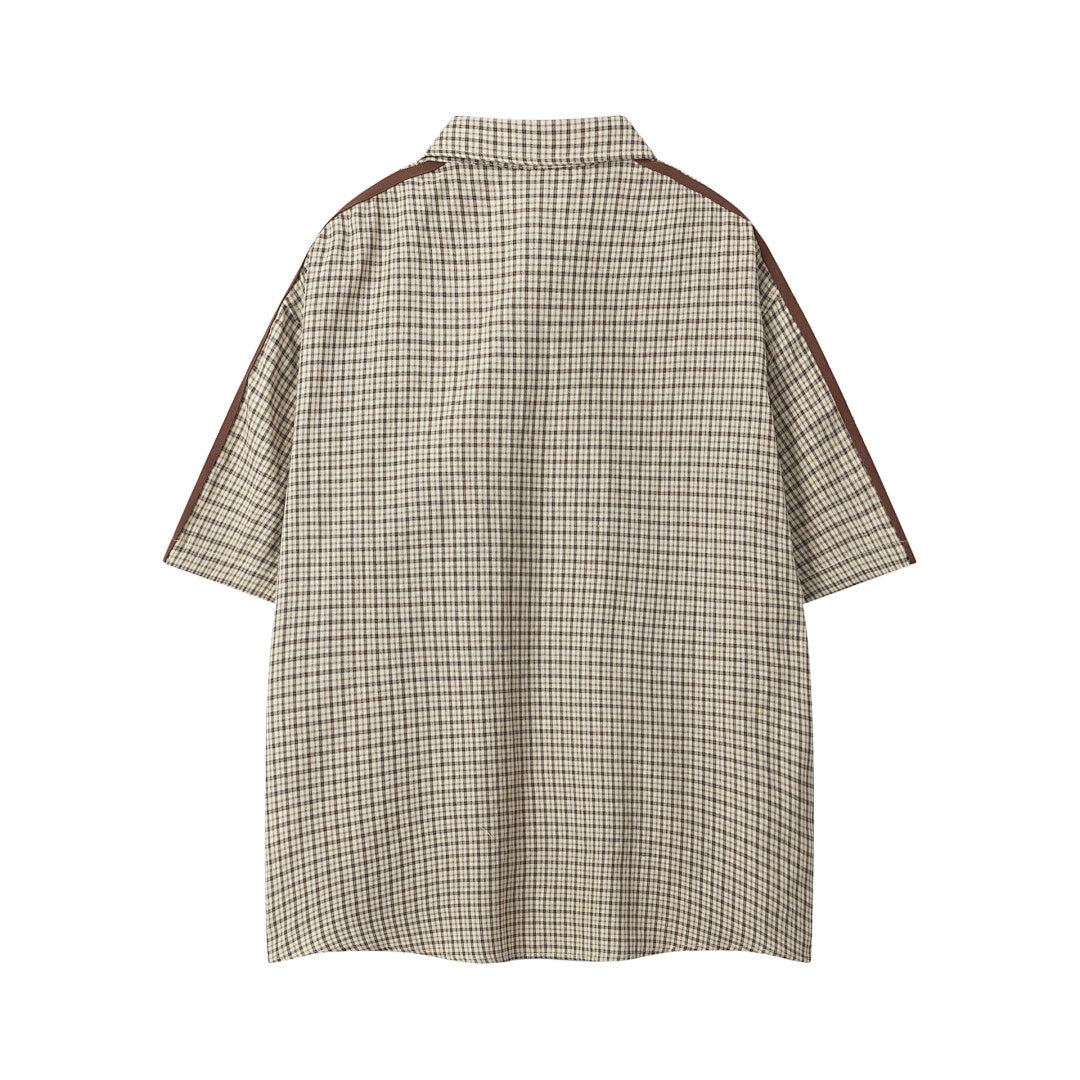Gingham Patch Drawstring Hem Short Sleeve Shirt