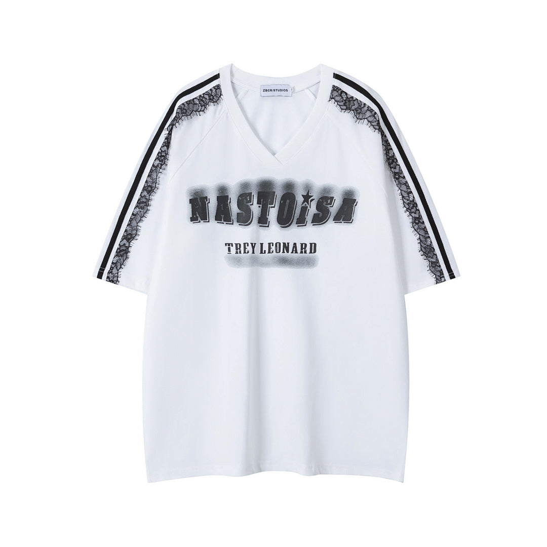 Lace Panel Side Stripe Spray Print V‑Neck Tee