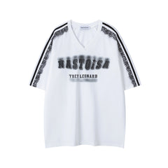 Lace Panel Side Stripe Spray Print V‑Neck Tee