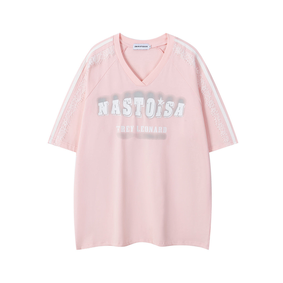 Lace Panel Side Stripe Spray Print V‑Neck Tee