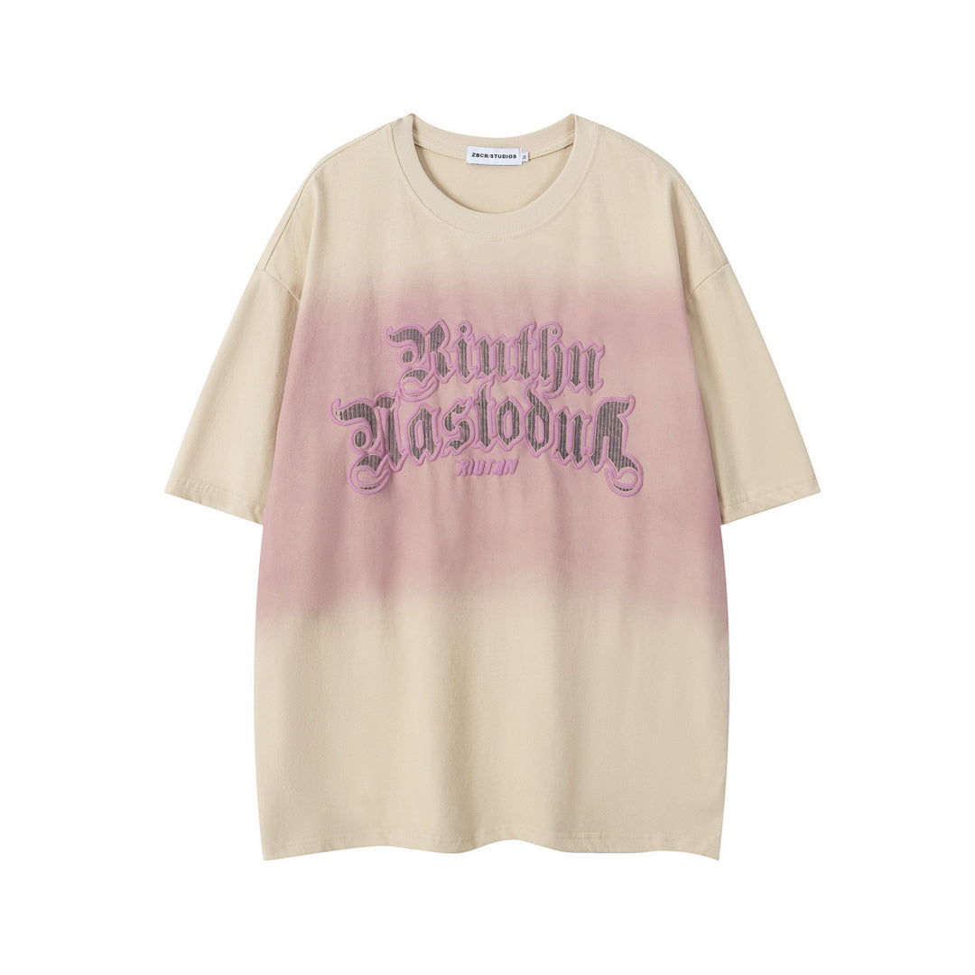 Gradient Wash Gothic Letter Embroidery Oversized Tee