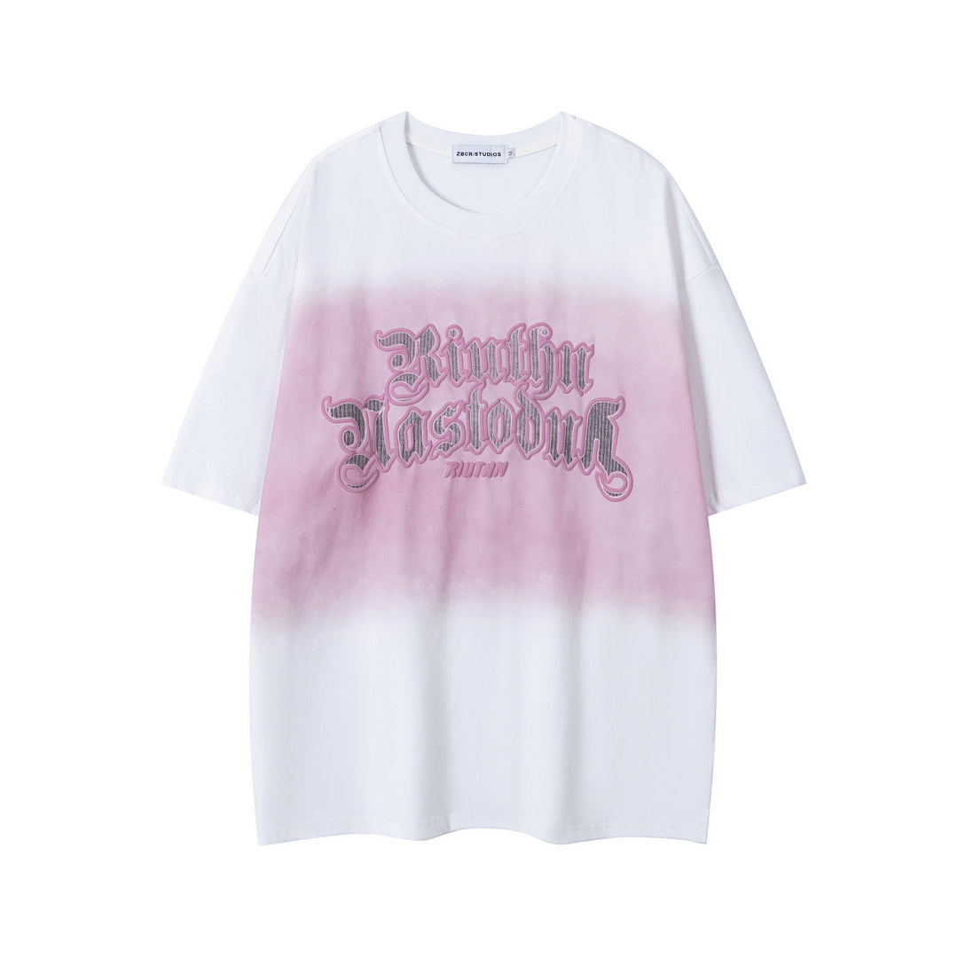 Gradient Wash Gothic Letter Embroidery Oversized Tee
