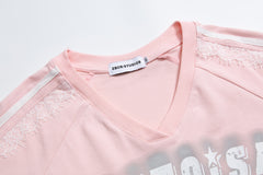Lace Panel Side Stripe Spray Print V‑Neck Tee