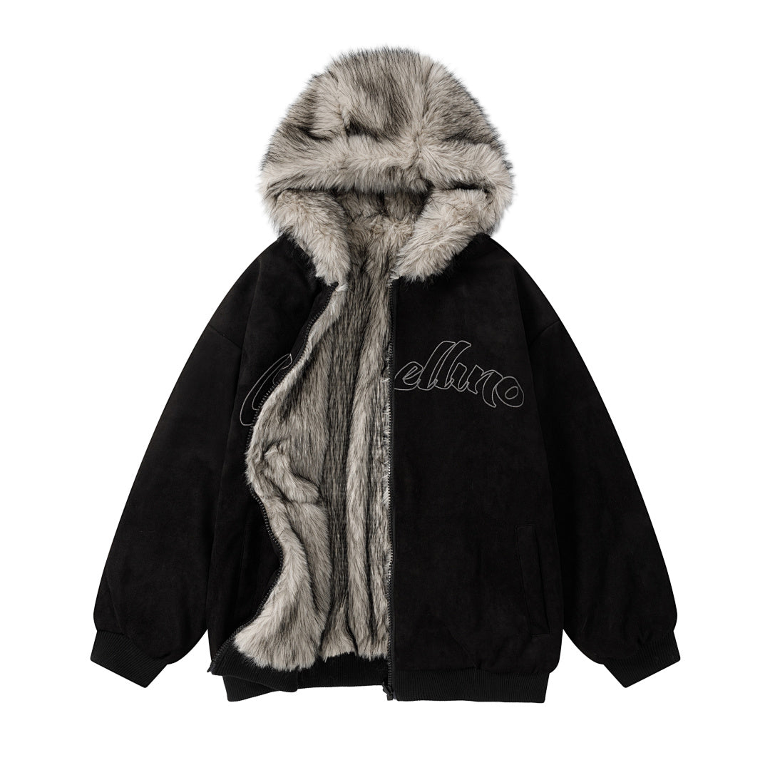 Reversible Faux Fur Hooded Jacket Script Embroidery