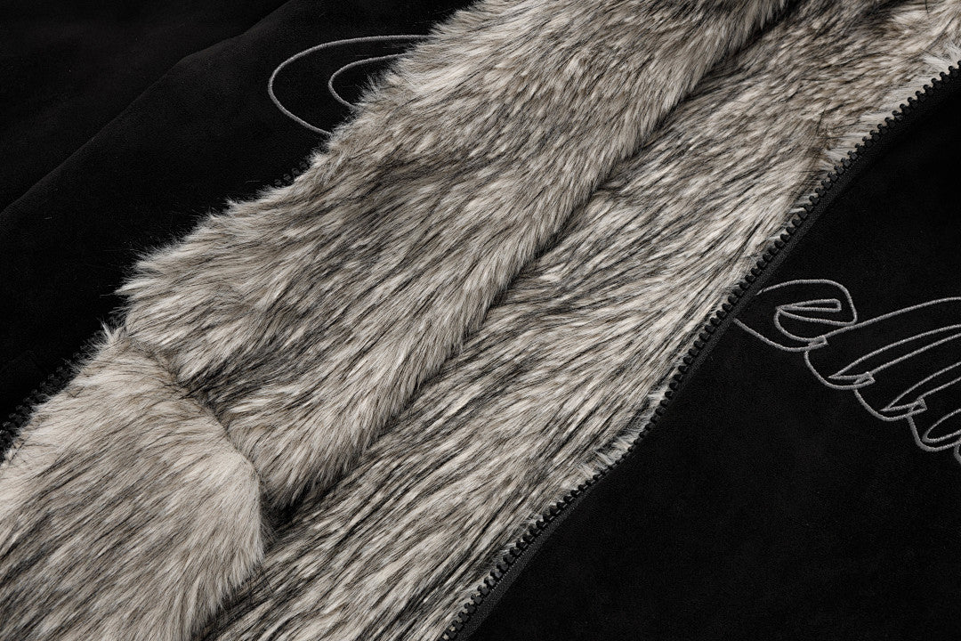 Reversible Faux Fur Hooded Jacket Script Embroidery