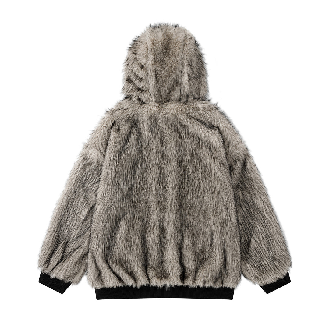 Reversible Faux Fur Hooded Jacket Script Embroidery