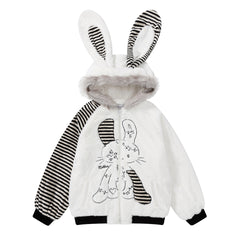Striped Bunny Ear Fuzzy Zip Jacket Bunny Embroidery