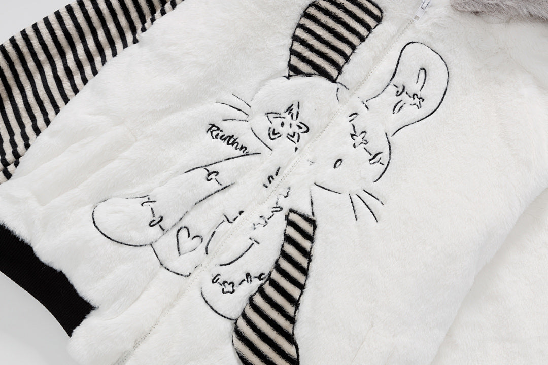 Striped Bunny Ear Fuzzy Zip Jacket Bunny Embroidery