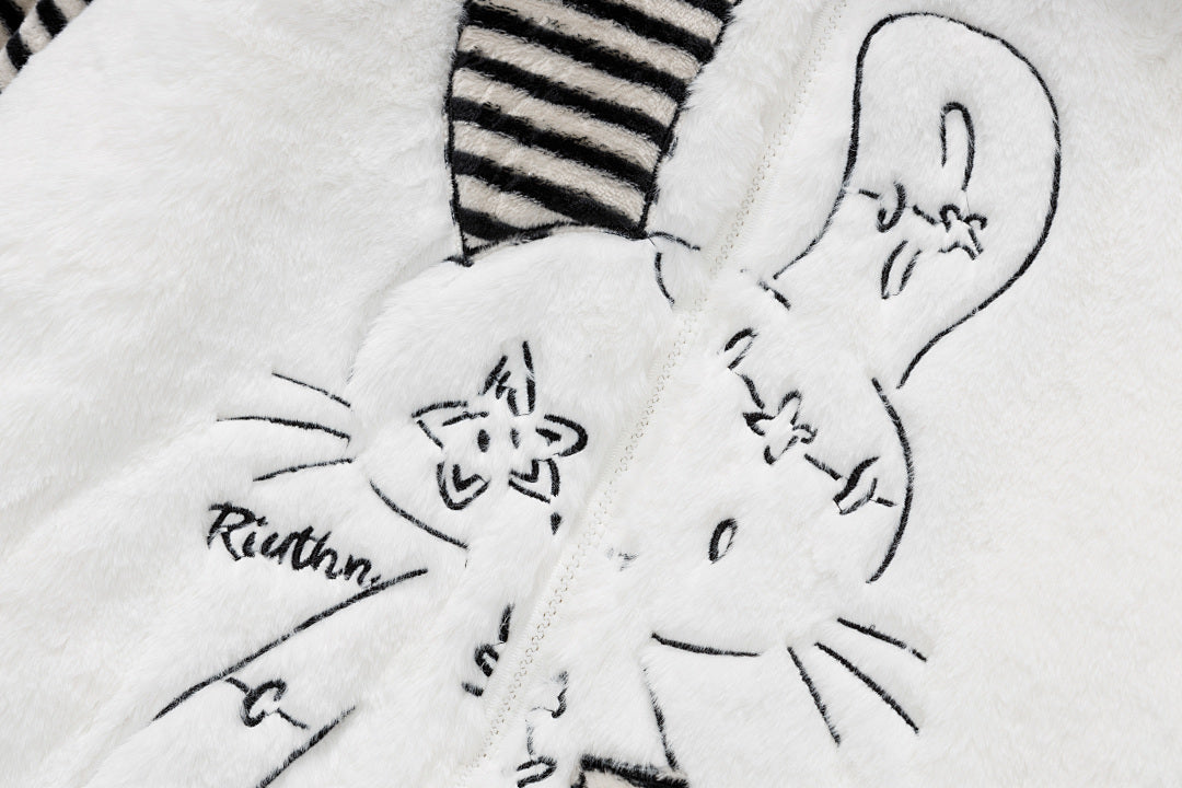 Striped Bunny Ear Fuzzy Zip Jacket Bunny Embroidery