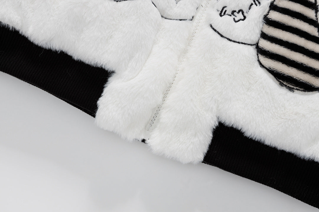 Striped Bunny Ear Fuzzy Zip Jacket Bunny Embroidery