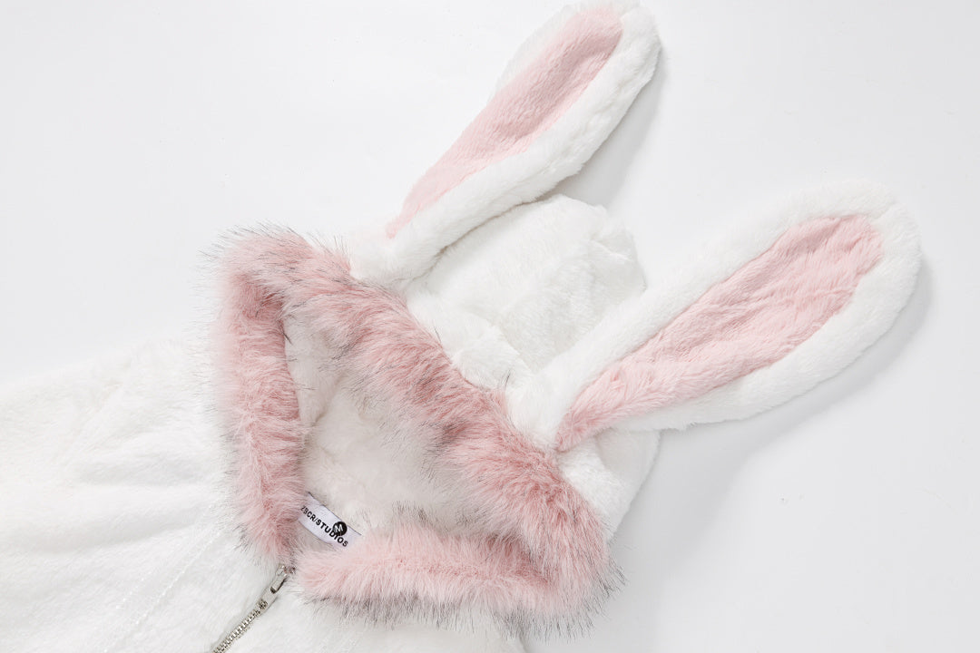 3D Bunny Ear Fuzzy Zip‑Up Plush Jacket