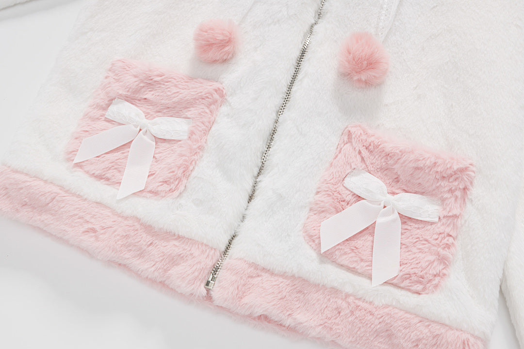 3D Bunny Ear Fuzzy Zip‑Up Plush Jacket
