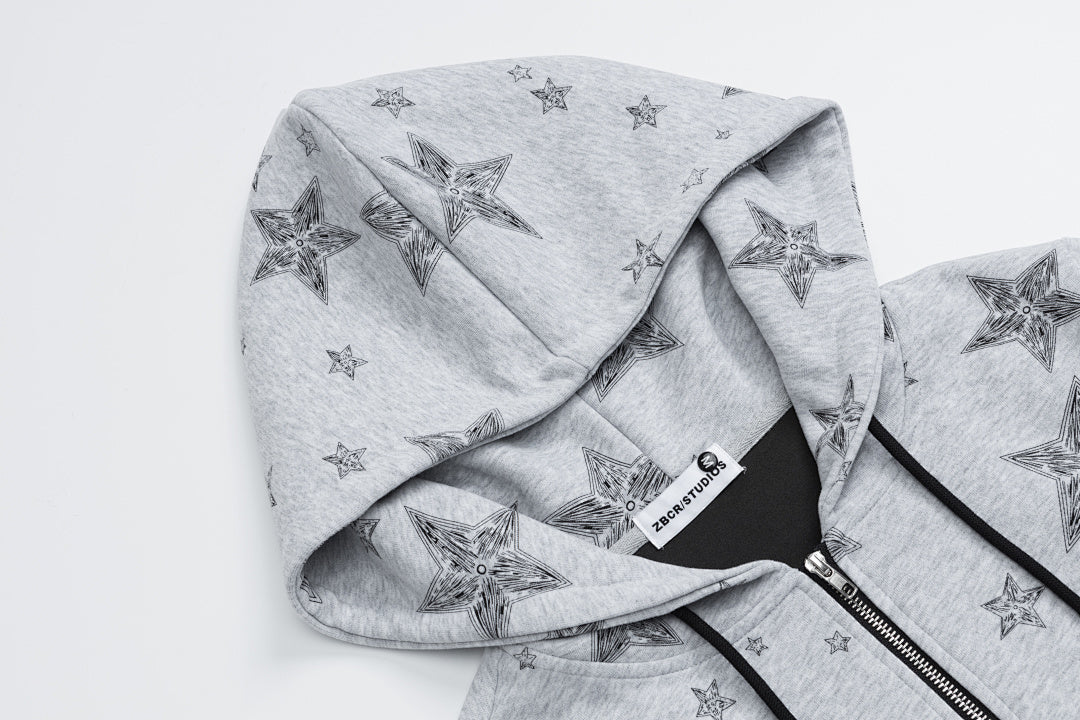 Sketch Star Print Zip‑Up Cropped Hoodie