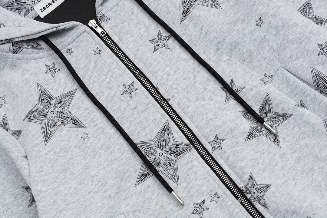 Sketch Star Print Zip‑Up Cropped Hoodie