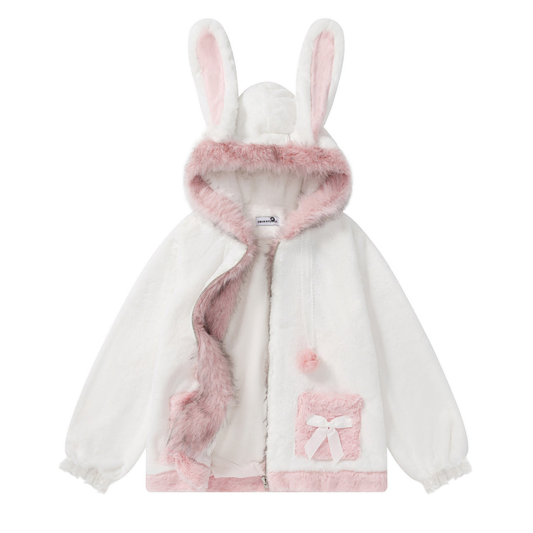 3D Bunny Ear Fuzzy Zip‑Up Plush Jacket