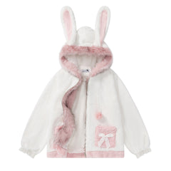 3D Bunny Ear Fuzzy Zip‑Up Plush Jacket