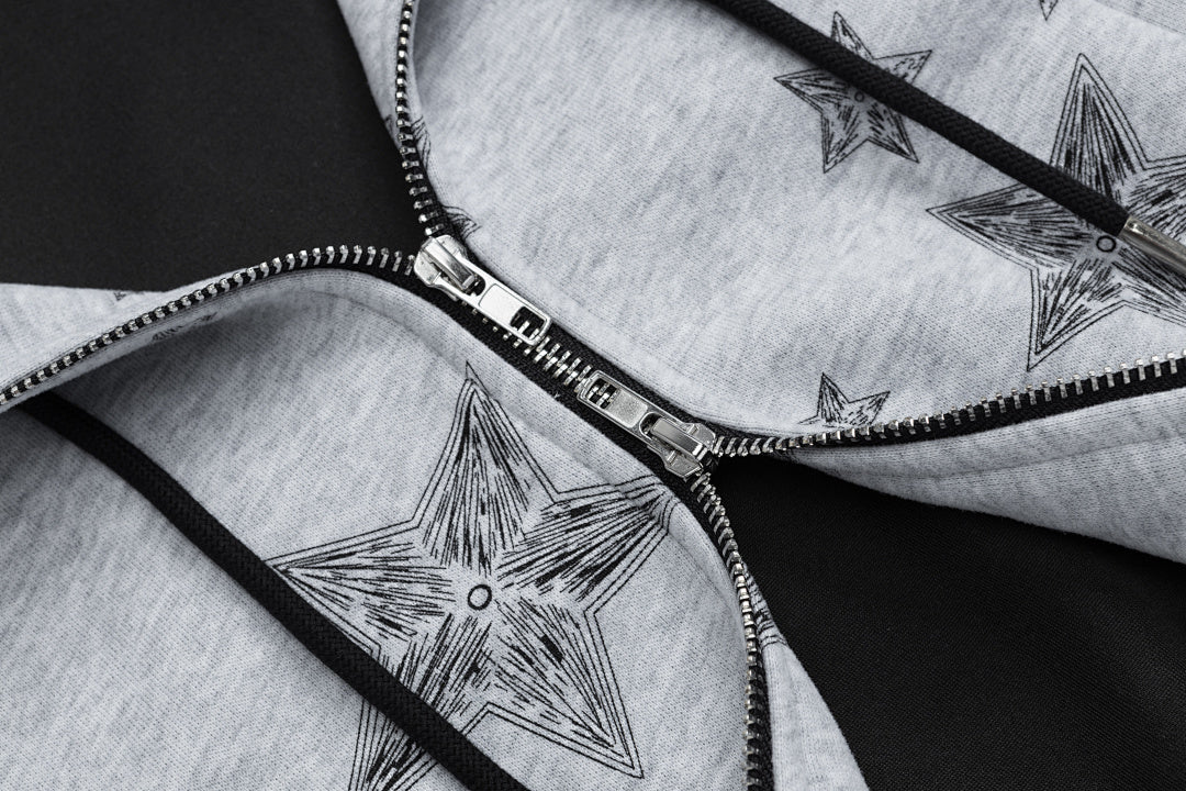 Sketch Star Print Zip‑Up Cropped Hoodie