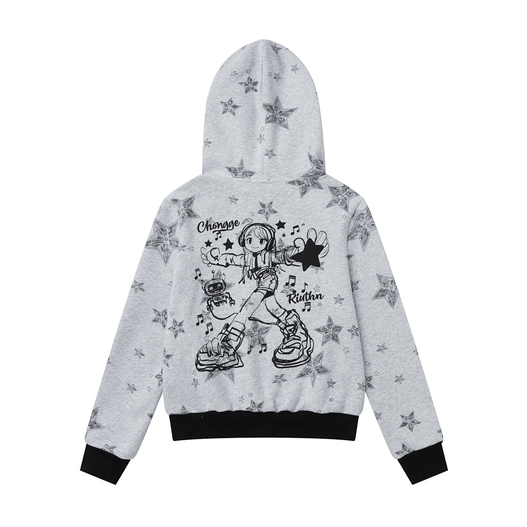 Sketch Star Print Zip‑Up Cropped Hoodie