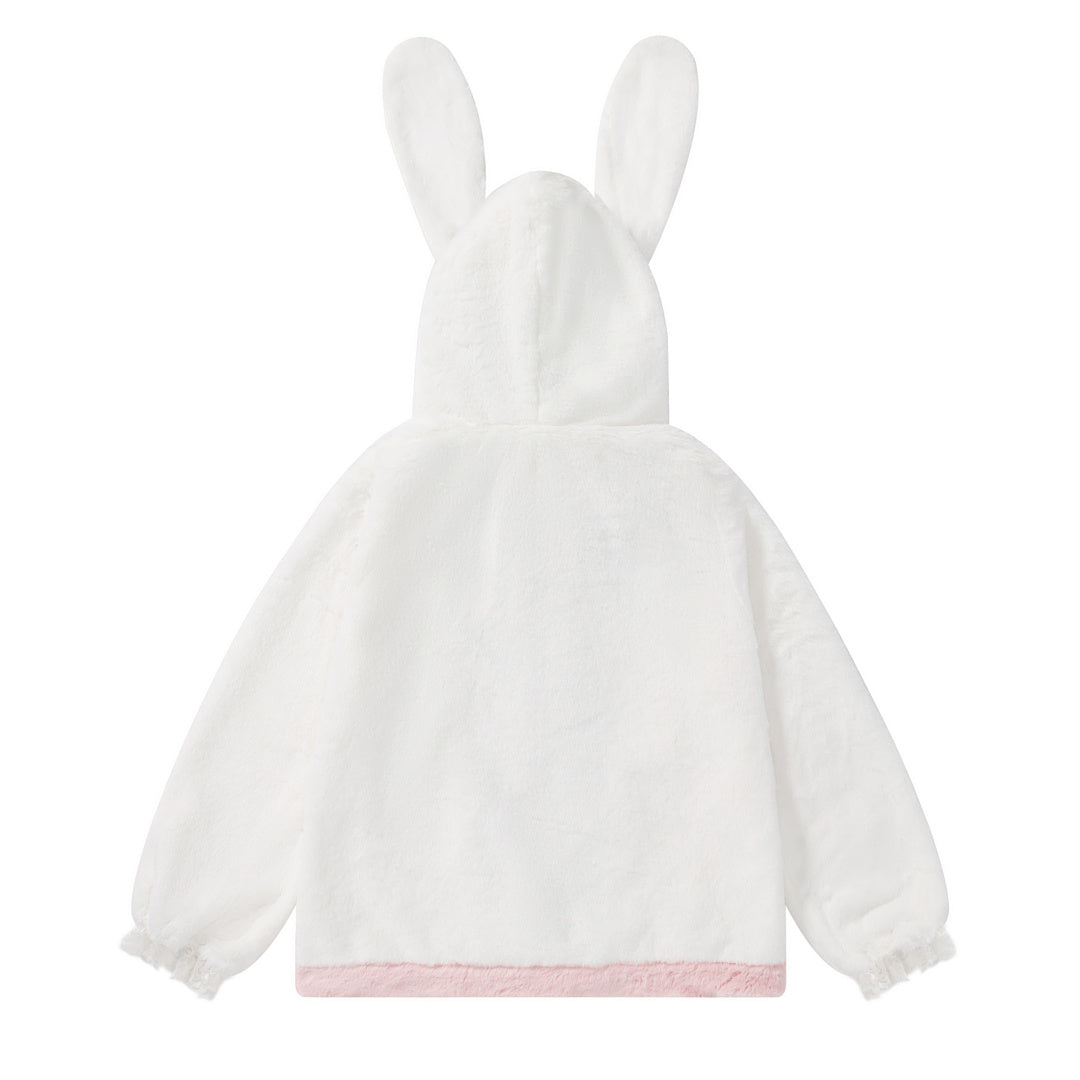3D Bunny Ear Fuzzy Zip‑Up Plush Jacket