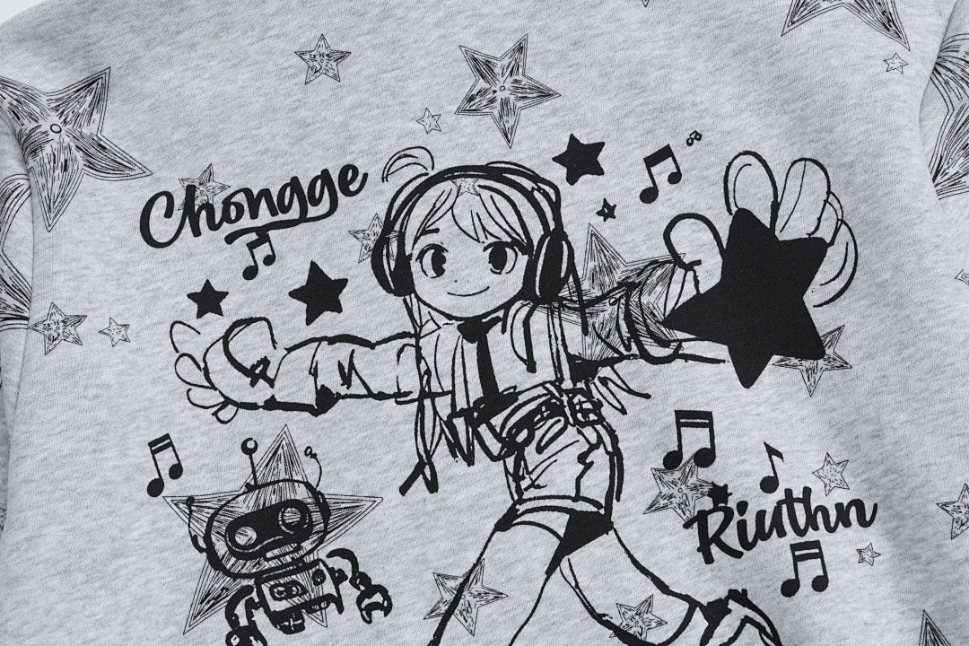 Sketch Star Print Zip‑Up Cropped Hoodie